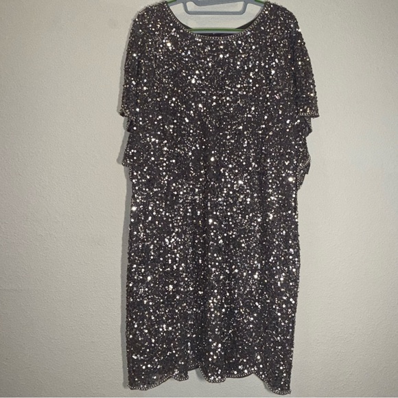 Adrianna Papell 18W Plus Gunmetal Sequin Sheath Midi Dress scalloped edges - Picture 2 of 16